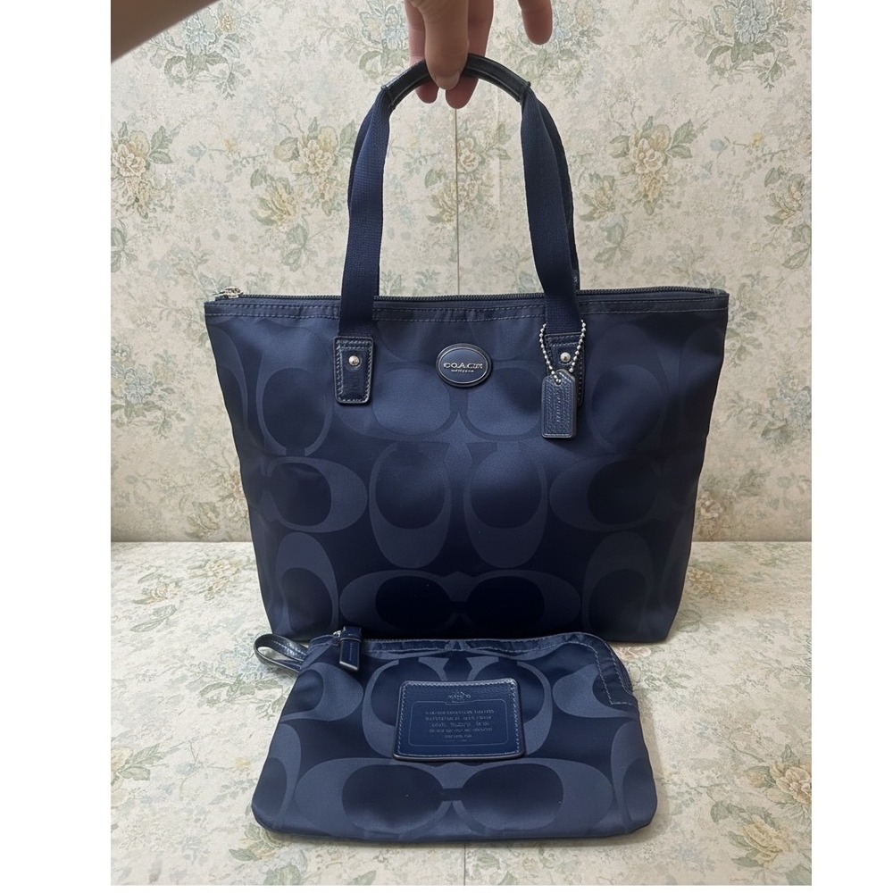 Coach Tote Bag Womens Navy Nylon Signature C Logo Set Wristlet Classic Designer